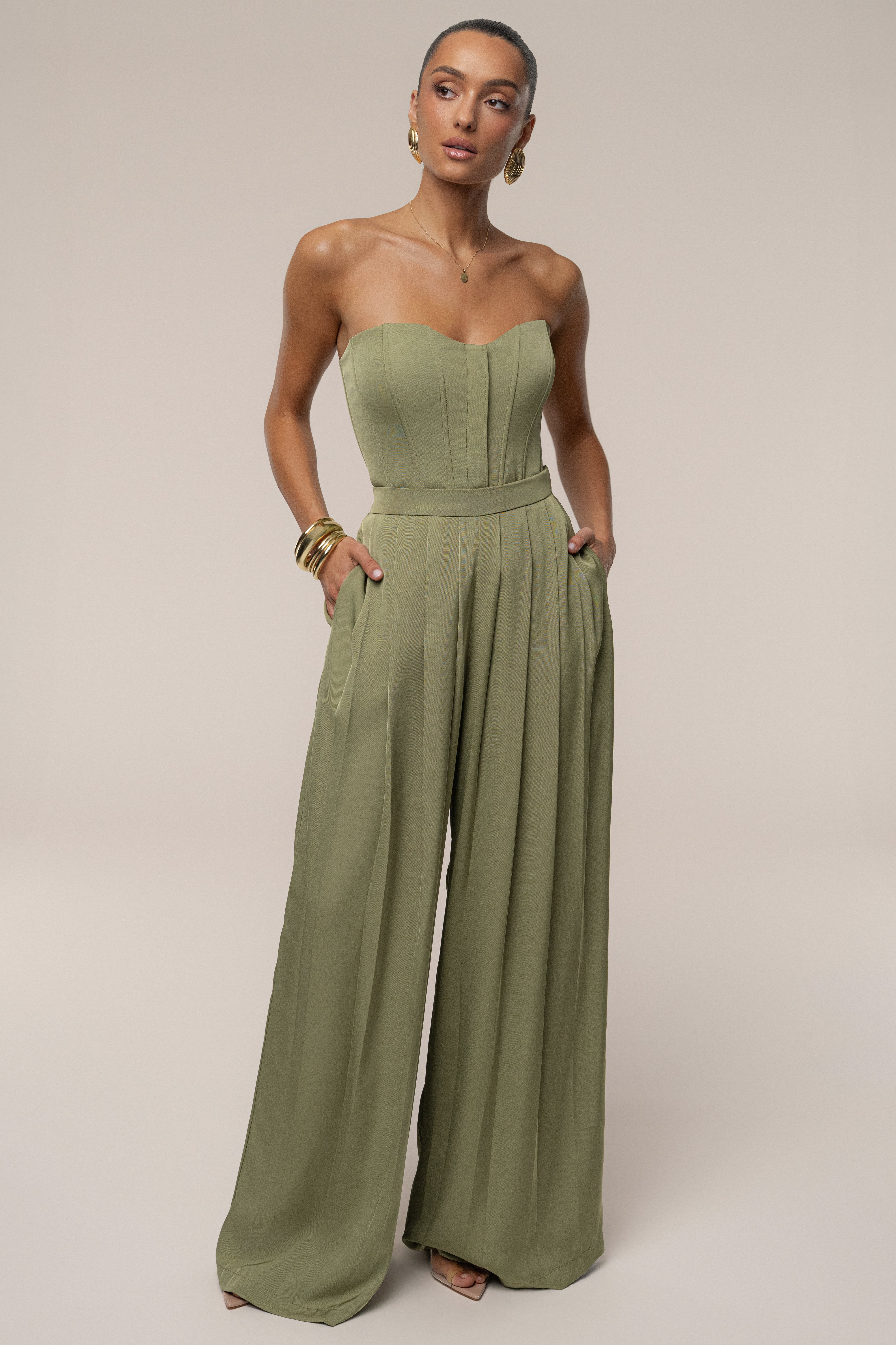 Olive Clara Wide Leg Pleated Trousers - JLUXLABEL
