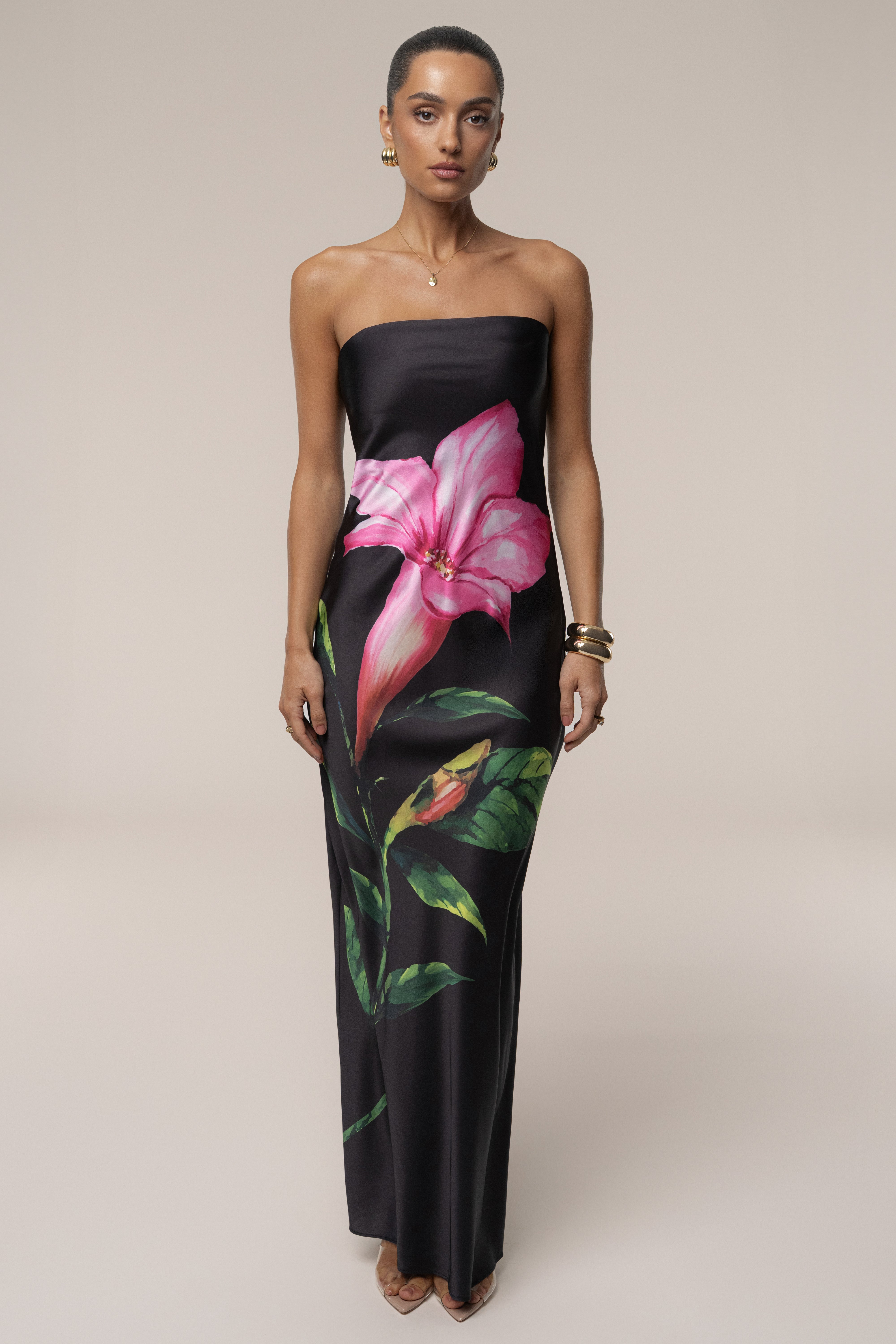 Black Blossom Satin Maxi Dress - JLUXLABEL
