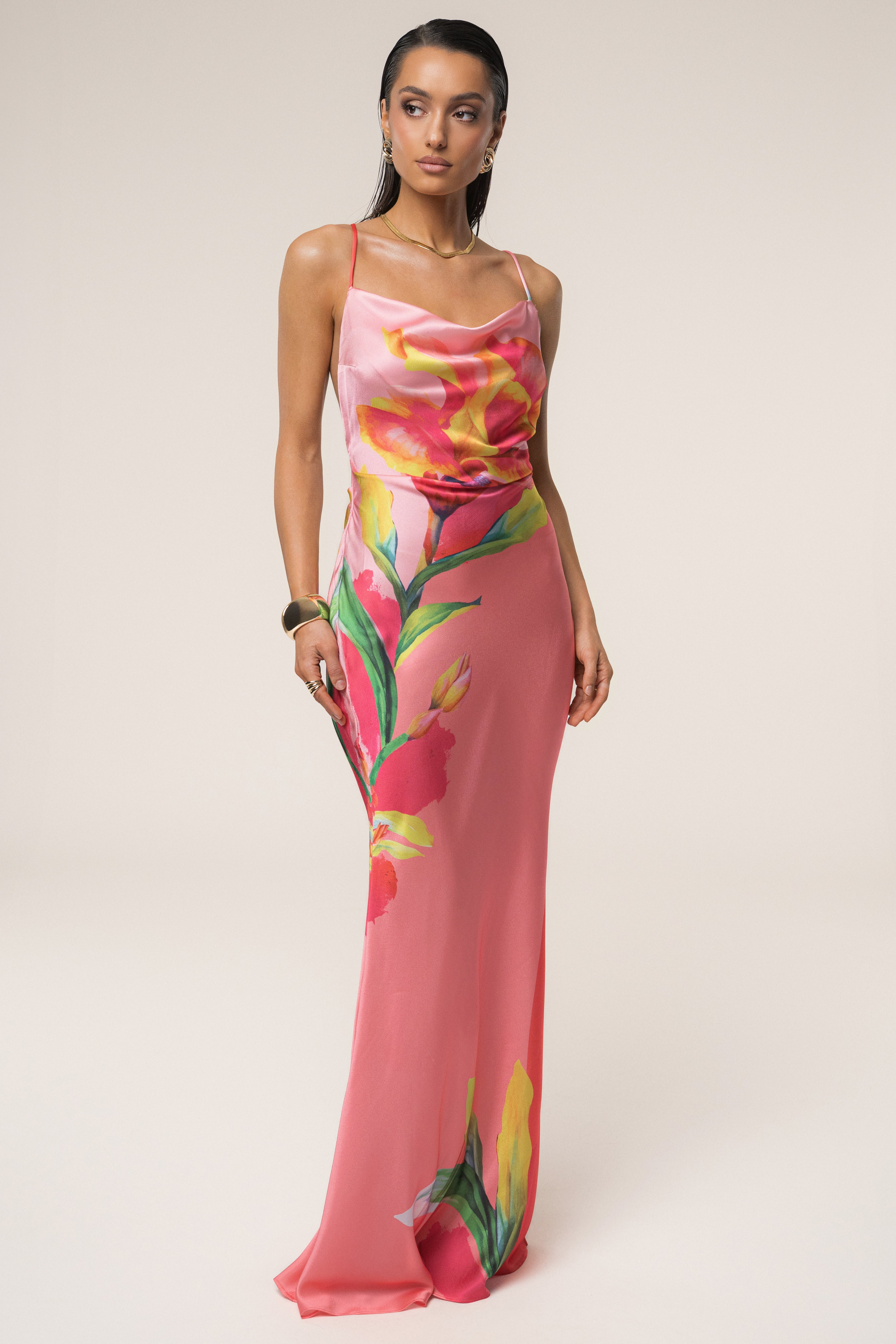 PRE-ORDER Pink Satin Floral Print Maxi Dress - JLUXLABEL